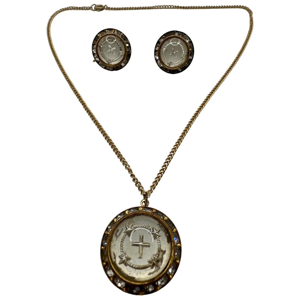 Vintage Ornate Cross Dome Necklace Earrings Faith Bold Granny Whimsigoth